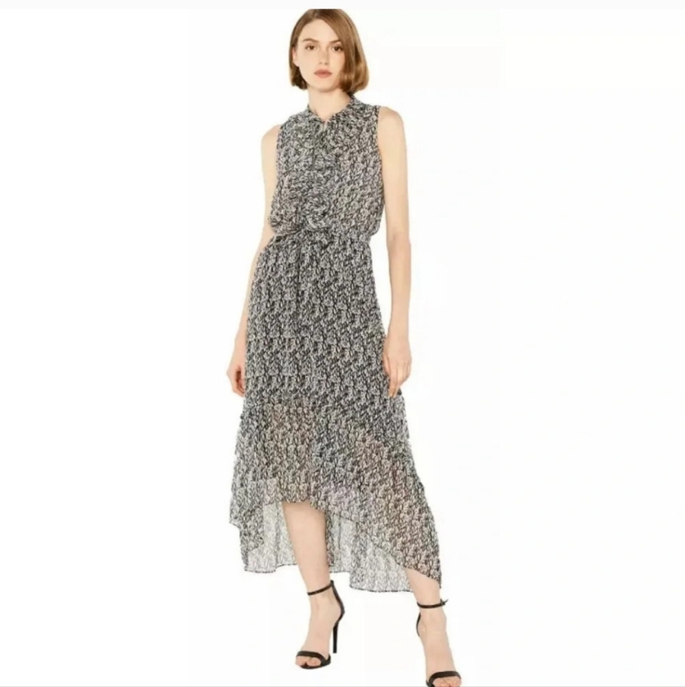 Misa Audra Printed Black Midi Dress with Ruffle Detail and Asymmetricl‎ Hem